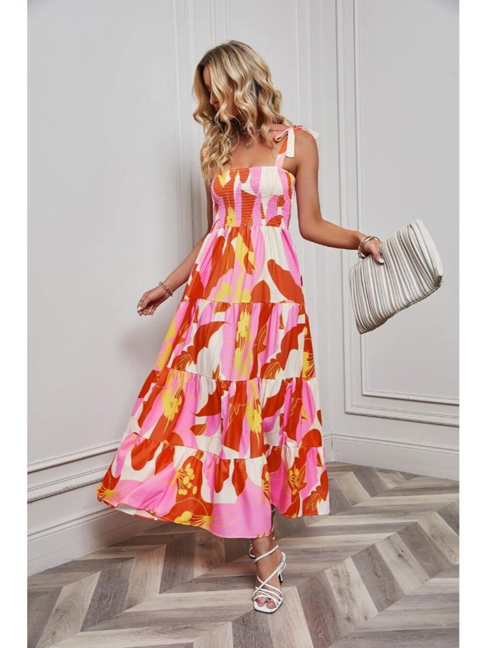 Women's Orange 1 Sleeveless Square Neck Ruffle Flowy Imported Maxi Dress - Picture 4 of 6